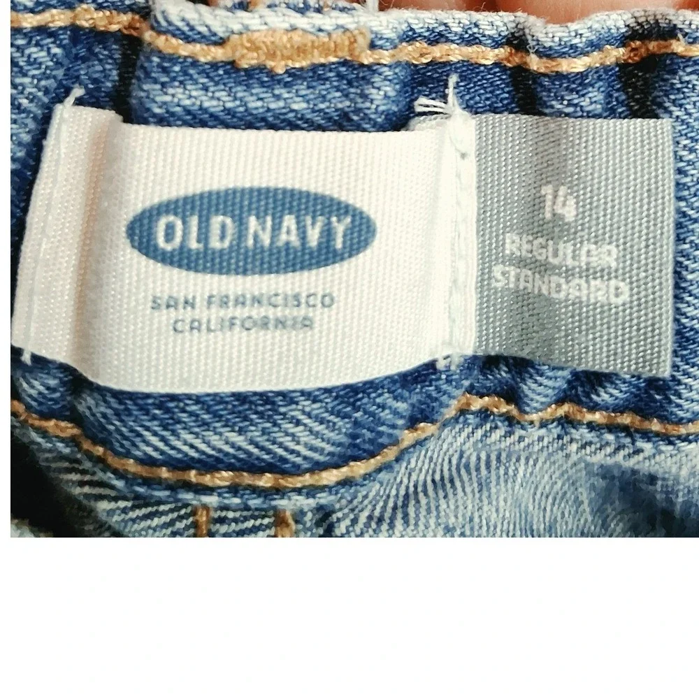 Old Navy Girls Blue Denim Embroidered Geometric Shorts Size 14 Frayed Hem